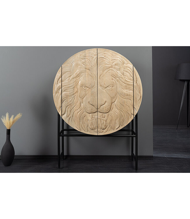 Invicta Interior Massief Highboard LION 140cm Wit Mango Hout Metaal 3D Houtsnijwerk Kunstwerk  - 45851