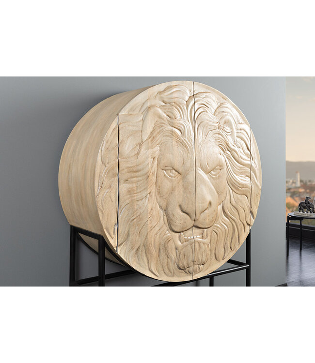 Invicta Interior Massief Highboard LION 140cm Wit Mango Hout Metaal 3D Houtsnijwerk Kunstwerk  - 45851