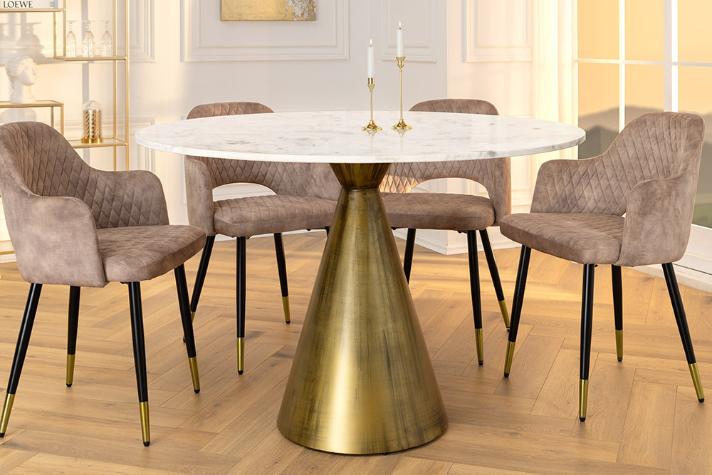 Ronde eettafel ELEGANCIA 100cm messing wit marmer ijzer met zuilvoet - 44859 afbeelding