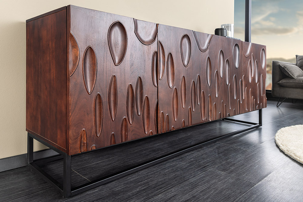 Massief dressoir DUNE 175cm walnootbruin acaciahout 3D design zwart metaal - 45596 afbeelding