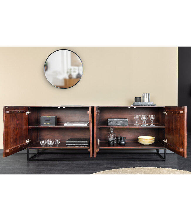 Invicta Interior Massief dressoir DUNE 175cm walnootbruin acaciahout 3D design zwart metaal - 45596