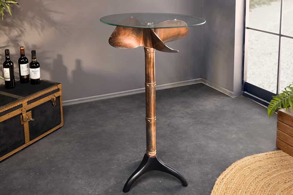 Maritieme bartafel OCEAN 105cm koper gevlamd zwart metalen voet glazen blad rond - 6043955 afbeelding
