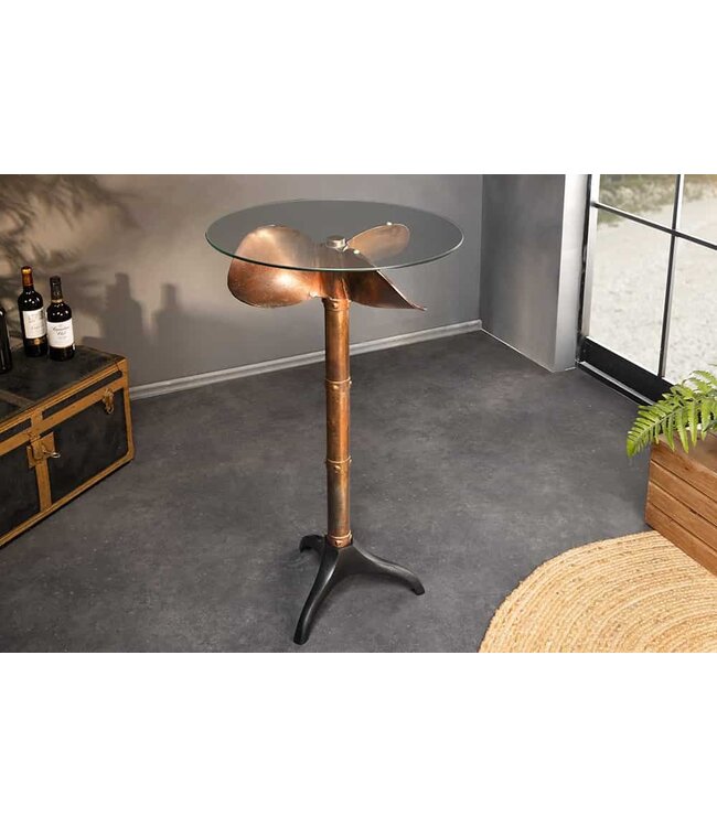 Invicta Interior Maritieme bartafel OCEAN 105cm koper gevlamd zwart metalen voet glazen blad rond - 6043955