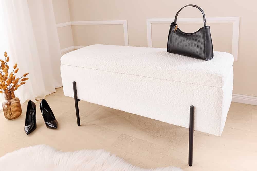 Moderne Kistbank LOFT 100cm witte Bouclé Bank met opbergruimte Gestoffeerd Zwart Metaal - 45728 afbeelding