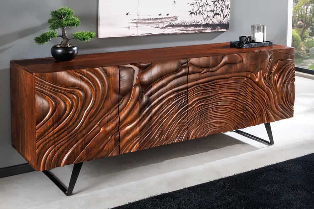 Massief dressoir FLUID 175cm Walnoot-Bruin Acaciahout 3D Design Skid Base - 45593 afbeelding