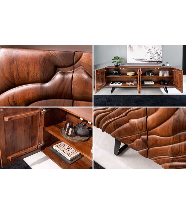 Invicta Interior Massief dressoir FLUID 175cm Walnoot-Bruin Acaciahout 3D Design Skid Base - 45593