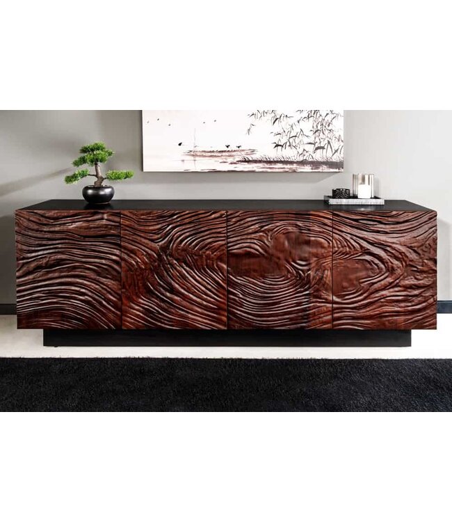 Invicta Interior Massief dressoir FLUID 175cm Walnoot Bruin Acaciahout 3D Design Zwart Onderstel - 45599