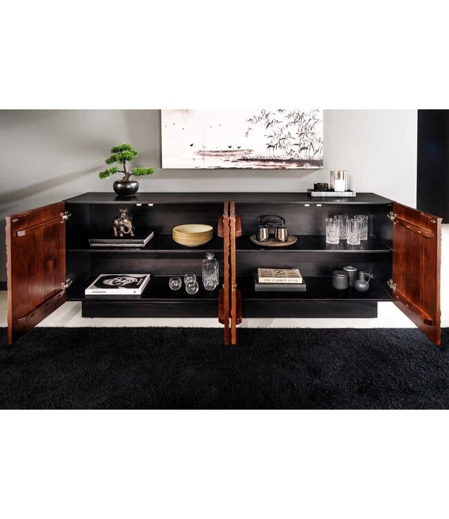 Invicta Interior Massief dressoir FLUID 175cm Walnoot Bruin Acaciahout 3D Design Zwart Onderstel - 45599