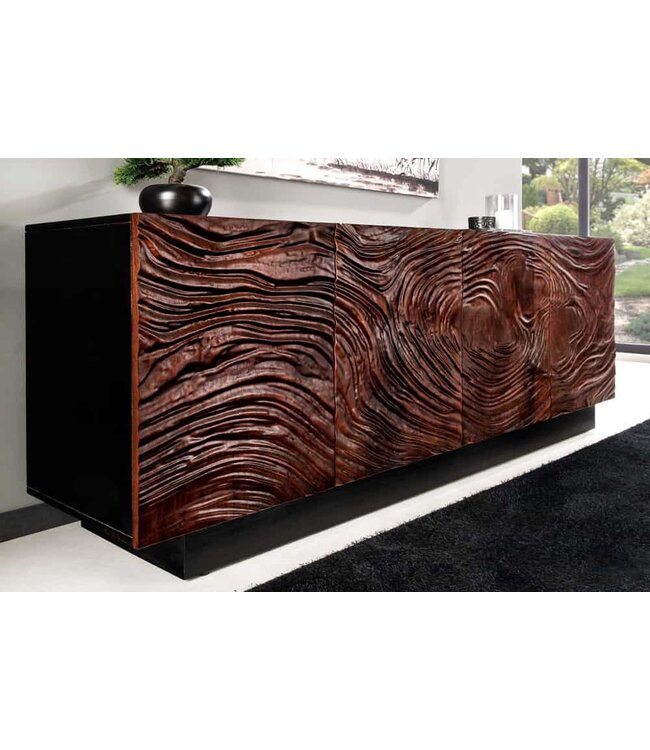 Invicta Interior Massief dressoir FLUID 175cm Walnoot Bruin Acaciahout 3D Design Zwart Onderstel - 45599