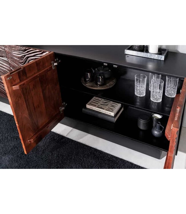 Invicta Interior Massief dressoir FLUID 175cm Walnoot Bruin Acaciahout 3D Design Zwart Onderstel - 45599