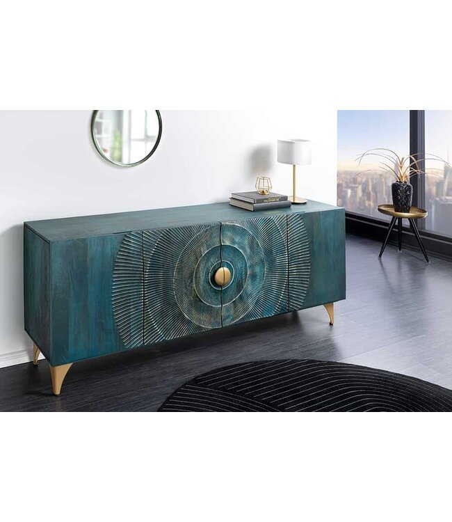 Invicta Interior Handgemaakt dressoir GOLDEN SUNSET 180cm turquoise goud mangohout metalen poten - 45643