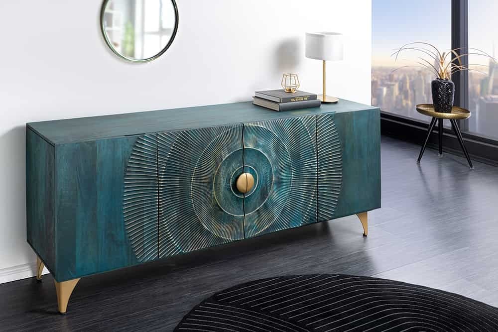 Handgemaakt dressoir GOLDEN SUNSET 180cm turquoise goud mangohout metalen poten - 45643 afbeelding