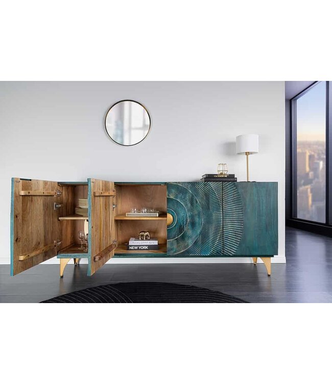 Invicta Interior Handgemaakt dressoir GOLDEN SUNSET 180cm turquoise goud mangohout metalen poten - 45643
