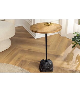 Invicta Interior Ronde bijzettafel TRAYFUL 55cm Natuurlijk Mango Hout Massief Hout Marmer Voet Metaal Zwart - 43499
