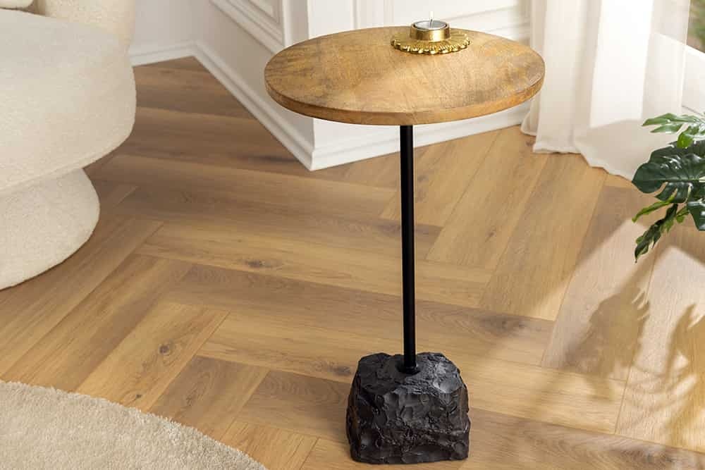 Ronde bijzettafel TRAYFUL 55cm Natuurlijk Mango Hout Massief Hout Marmer Voet Metaal Zwart - 43499 afbeelding