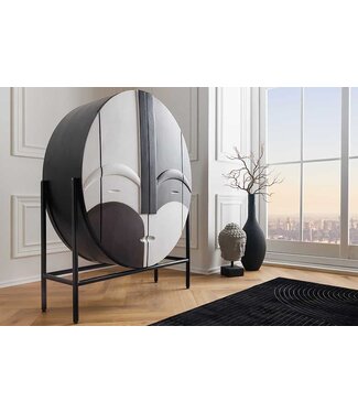 Invicta Interior Massief houten highboard VOODOO 120 cm bruin wit zwart mangohout met 3D-houtsnijwerk ovaal metalen frame - 44487