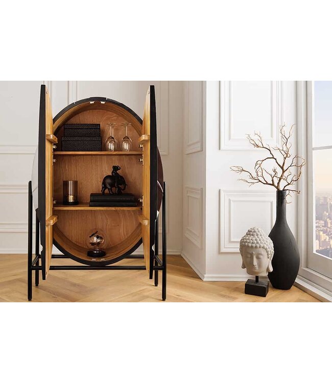 Invicta Interior Massief houten highboard VOODOO 120 cm bruin wit zwart mangohout met 3D-houtsnijwerk ovaal metalen frame - 44487