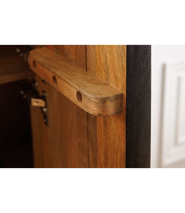 Invicta Interior Massief houten highboard VOODOO 120 cm bruin wit zwart mangohout met 3D-houtsnijwerk ovaal metalen frame - 44487