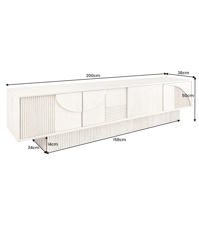 Invicta Interior Massief houten TV Lowboard ART DECO 200cm Wit Gelimineerd Mangohout 3D Front - 44061