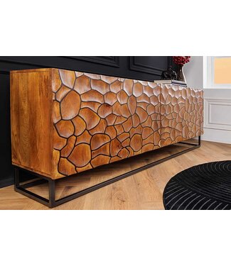 Invicta Interior Massief houten dressoir VULCANO 180cm bruin mangohout met 3D houtsnijwerk handgemaakt metalen frame zwart - 44651