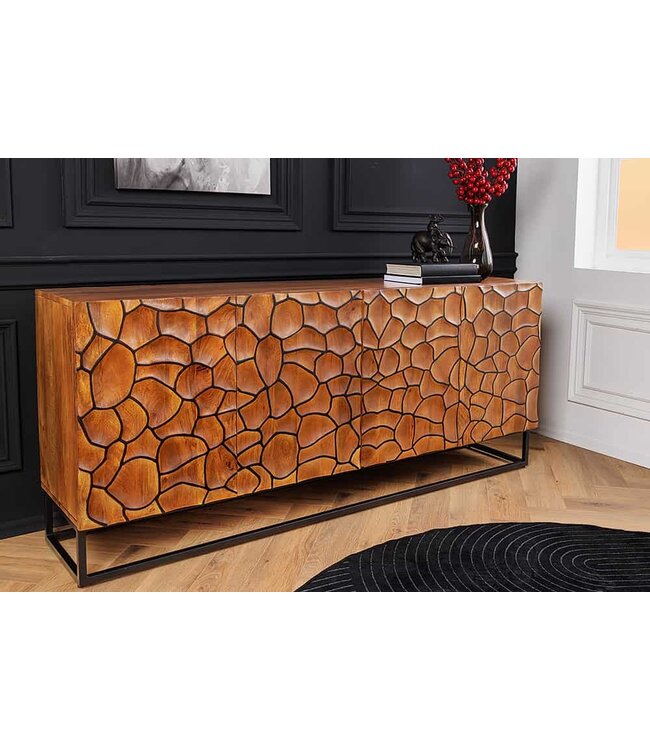 Invicta Interior Massief houten dressoir VULCANO 180cm bruin mangohout met 3D houtsnijwerk handgemaakt metalen frame zwart - 44651