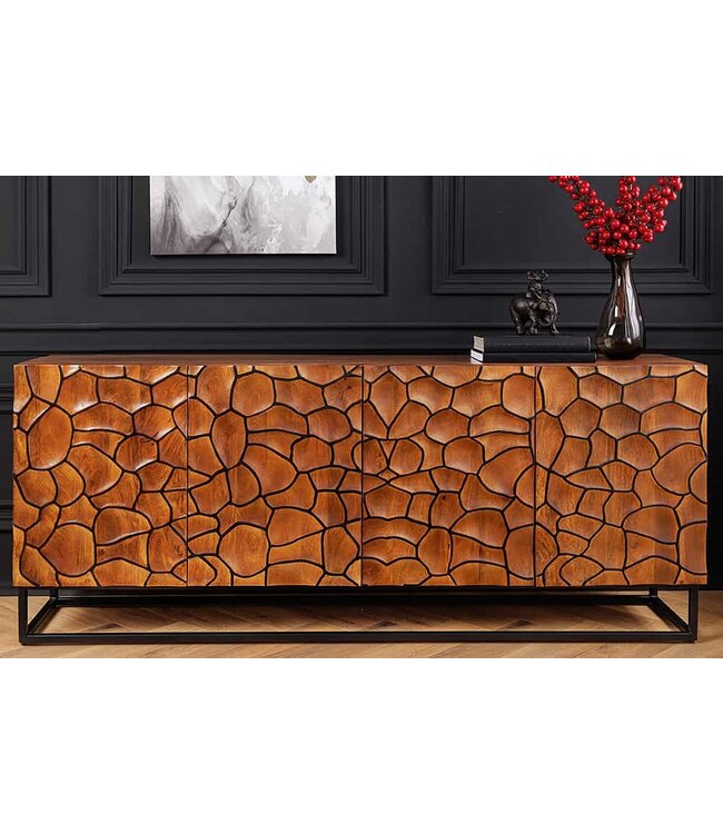 Invicta Interior Massief houten dressoir VULCANO 180cm bruin mangohout met 3D houtsnijwerk handgemaakt metalen frame zwart - 44651