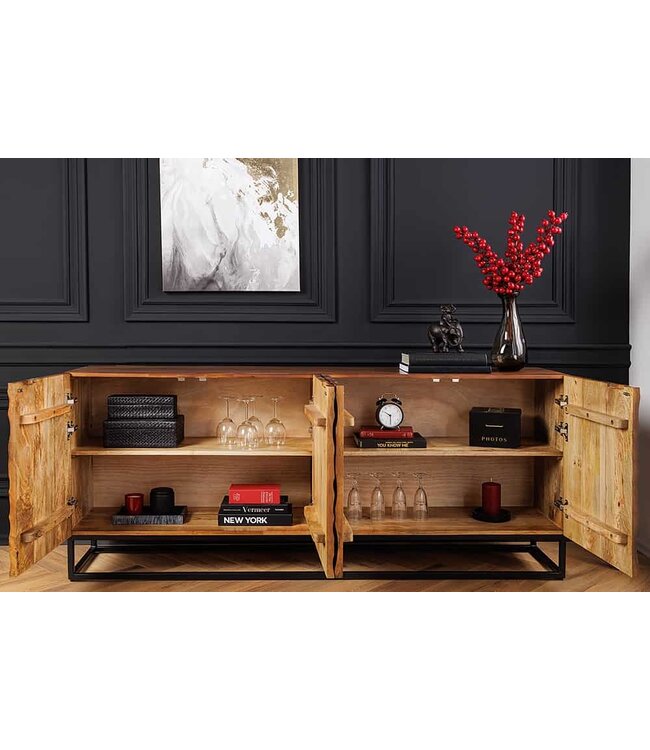 Invicta Interior Massief houten dressoir VULCANO 180cm bruin mangohout met 3D houtsnijwerk handgemaakt metalen frame zwart - 44651