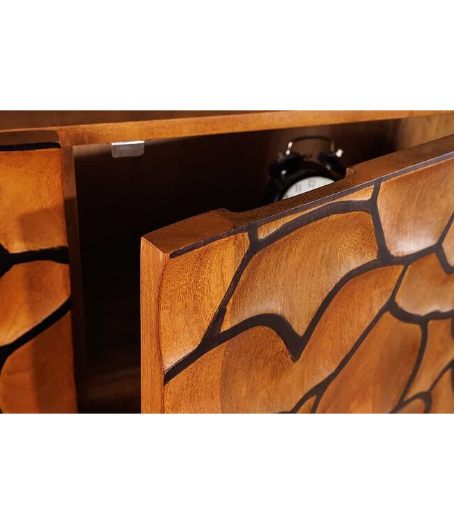 Invicta Interior Massief houten dressoir VULCANO 180cm bruin mangohout met 3D houtsnijwerk handgemaakt metalen frame zwart - 44651