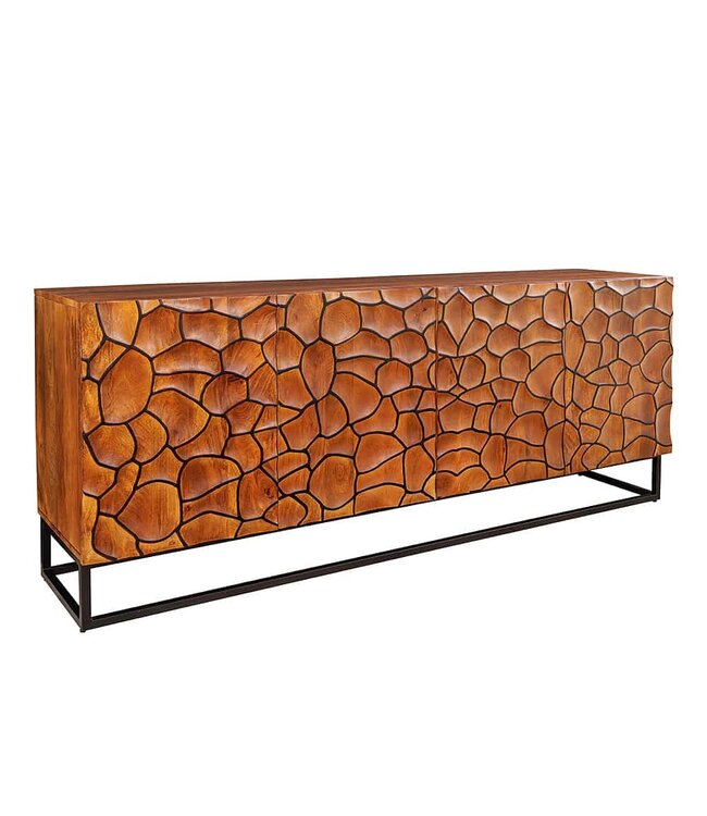 Invicta Interior Massief houten dressoir VULCANO 180cm bruin mangohout met 3D houtsnijwerk handgemaakt metalen frame zwart - 44651