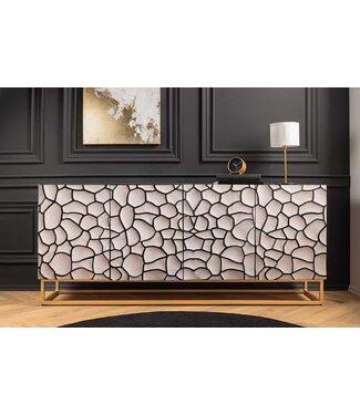 Invicta Interior Massief houten dressoir VULCANO 180cm wit zwart mangohout met 3D houtsnijwerk handgemaakt metalen frame goud - 44646