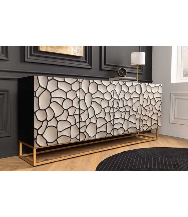 Invicta Interior Massief houten dressoir VULCANO 180cm wit zwart mangohout met 3D houtsnijwerk handgemaakt metalen frame goud - 44646