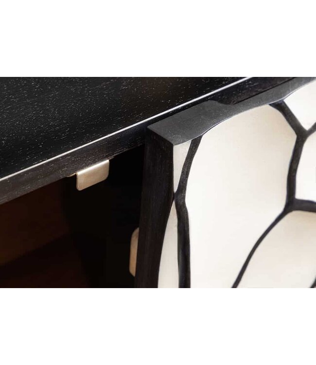 Invicta Interior Massief houten dressoir VULCANO 180cm wit zwart mangohout met 3D houtsnijwerk handgemaakt metalen frame goud - 44646