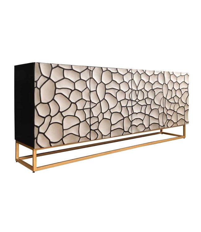 Invicta Interior Massief houten dressoir VULCANO 180cm wit zwart mangohout met 3D houtsnijwerk handgemaakt metalen frame goud - 44646