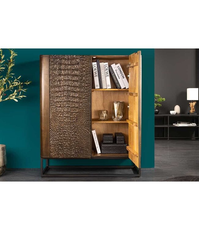 Invicta Interior Handgemaakt Highboard CROCO 120cm Bruin Mango Hout Massief 3D Design - 44615