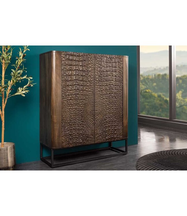 Invicta Interior Handgemaakt Highboard CROCO 120cm Bruin Mango Hout Massief 3D Design - 44615