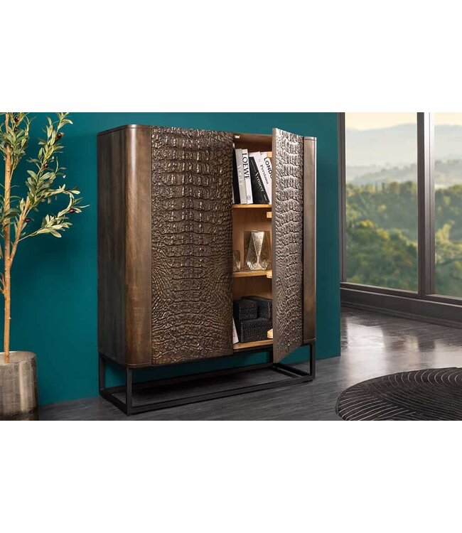 Invicta Interior Handgemaakt Highboard CROCO 120cm Bruin Mango Hout Massief 3D Design - 44615