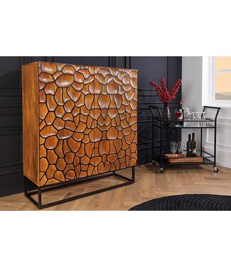 Invicta Interior Massief houten highboard VULCANO 120cm bruin mangohout met 3D houtsnijwerk handgemaakt metalen frame zwart - 44650