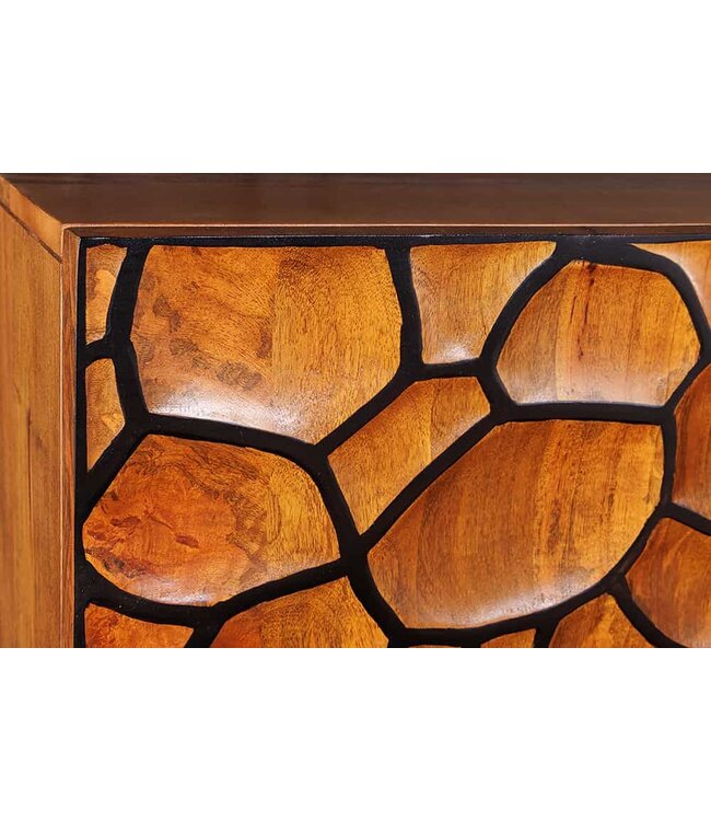 Invicta Interior Massief houten highboard VULCANO 120cm bruin mangohout met 3D houtsnijwerk handgemaakt metalen frame zwart - 44650