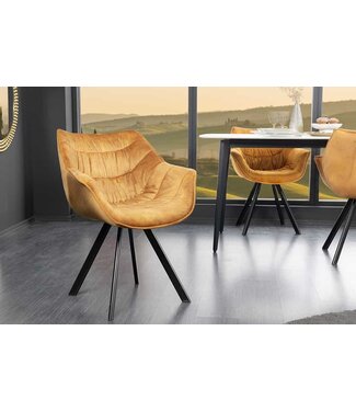 Invicta Interior Design stoel THE DUTCH COMFORT mosterdgeel fluweel met armleuning gestoffeerde zwarte metalen poten - 44276
