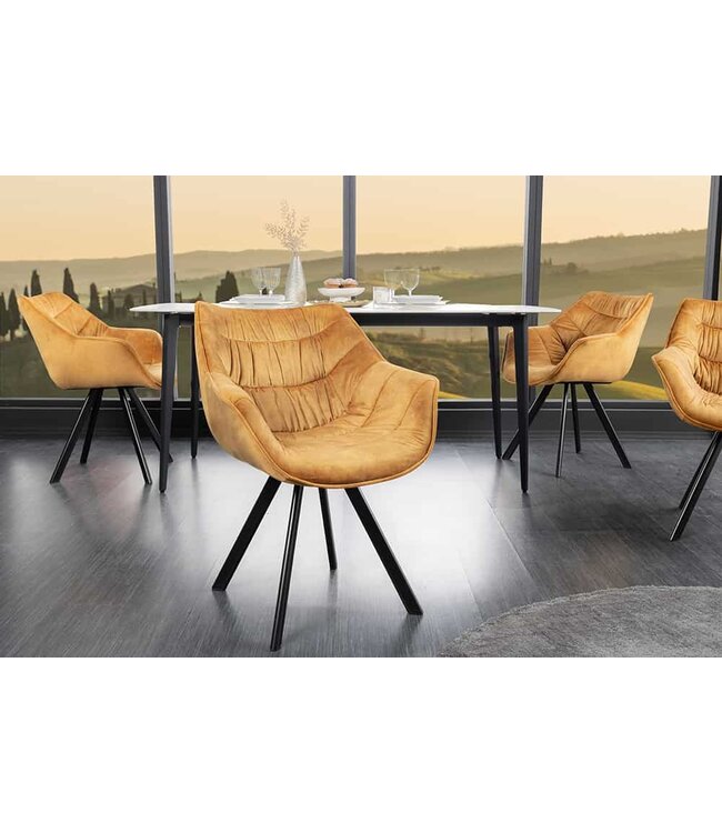 Invicta Interior Design stoel THE DUTCH COMFORT mosterdgeel fluweel met armleuning gestoffeerde zwarte metalen poten - 44276
