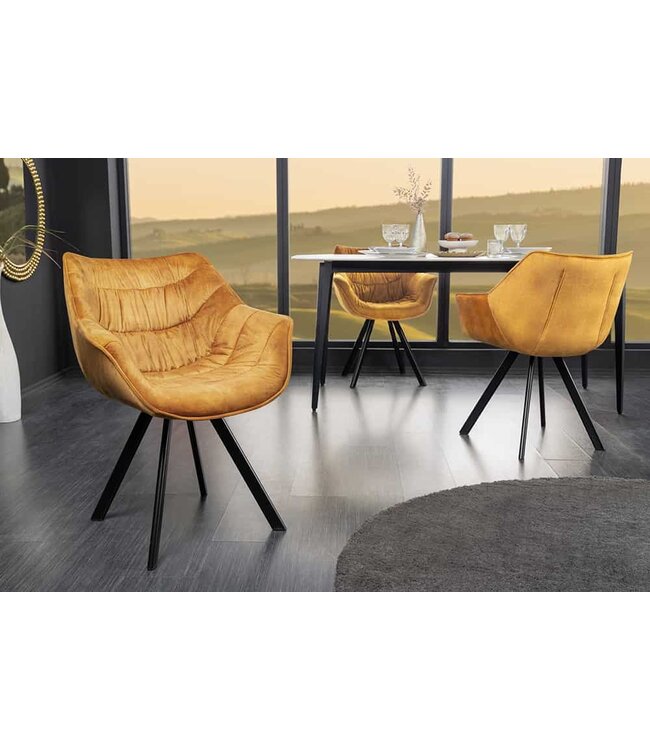 Invicta Interior Design stoel THE DUTCH COMFORT mosterdgeel fluweel met armleuning gestoffeerde zwarte metalen poten - 44276