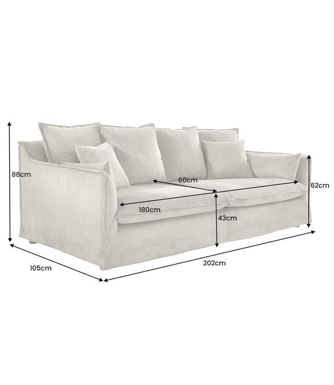 Invicta Interior Sofa HEAVEN 200cm 3-zits vering kern afneembare hoes koord greige - 46108
