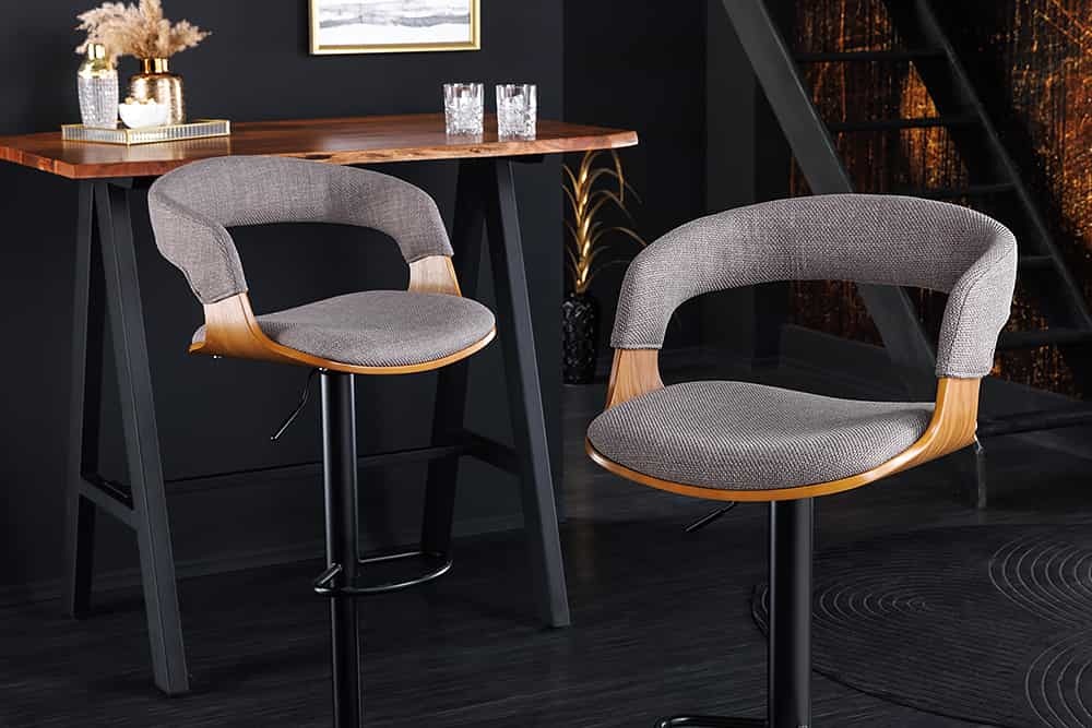 Retro barkruk MANHATTAN grijs structuurmateriaal massief hout met draaibare rugleuning, in hoogte verstelbaar - 44197