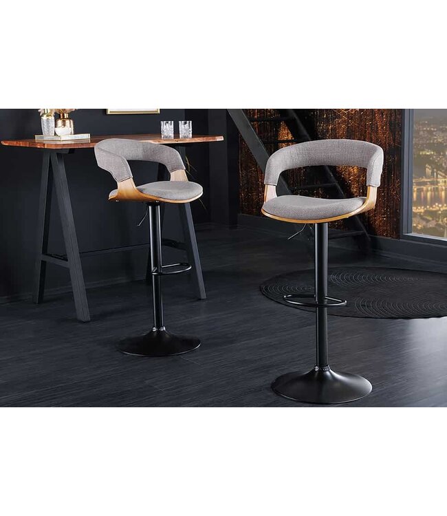 Invicta Interior Retro barkruk MANHATTAN grijs structuurmateriaal massief hout met draaibare rugleuning, in hoogte verstelbaar - 44197