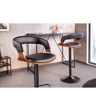 Invicta Interior Retro barkruk MANHATTAN zwart kunstleer walnoothout met draaibare rugleuning, in hoogte verstelbaar - 44196