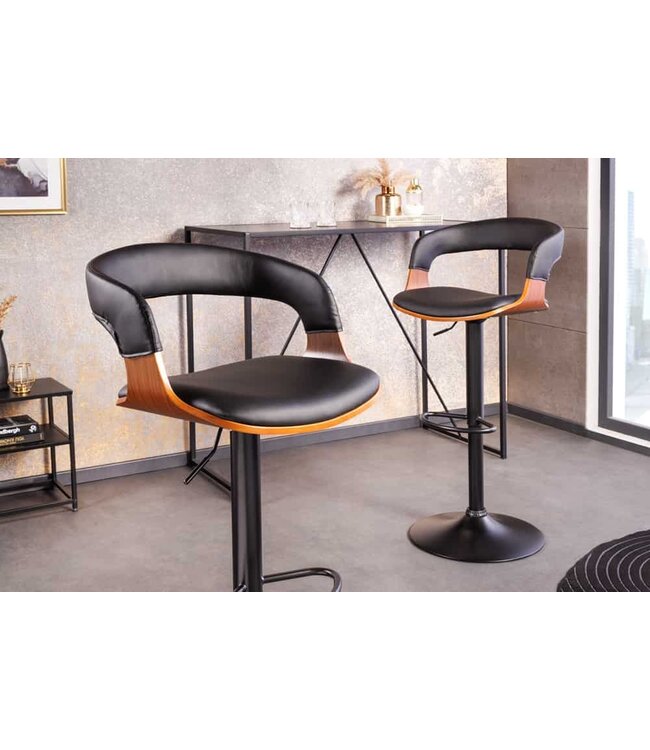 Invicta Interior Retro barkruk MANHATTAN zwart kunstleer walnoothout met draaibare rugleuning, in hoogte verstelbaar - 44196