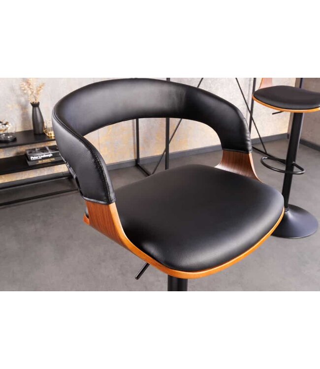 Invicta Interior Retro barkruk MANHATTAN zwart kunstleer walnoothout met draaibare rugleuning, in hoogte verstelbaar - 44196