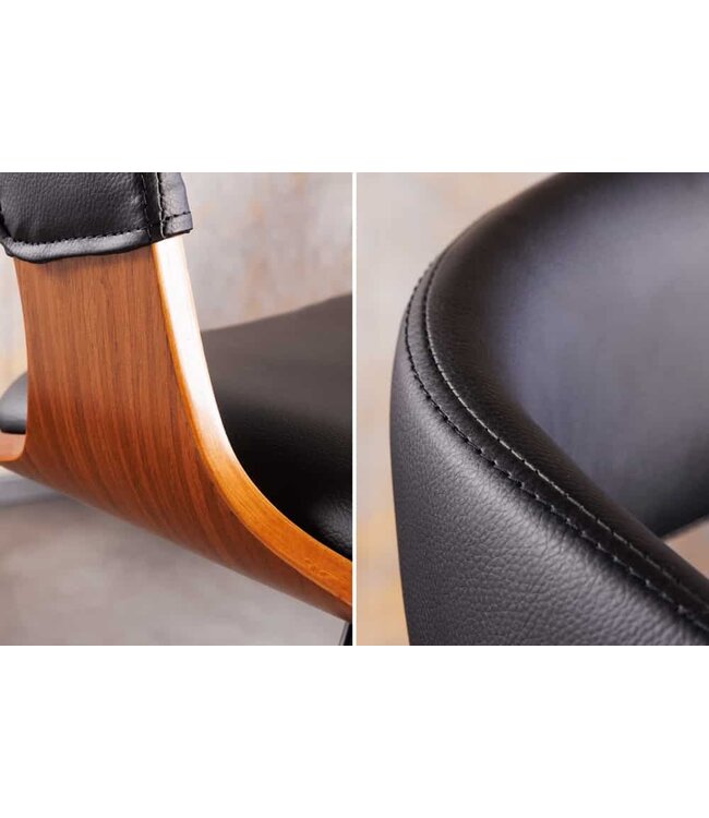 Invicta Interior Retro barkruk MANHATTAN zwart kunstleer walnoothout met draaibare rugleuning, in hoogte verstelbaar - 44196