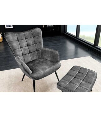 Invicta Interior Moderne fauteuil SCANDINAVIA grijs fluweel zwart metalen poten met armleuningen - 44020