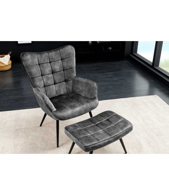 Invicta Interior Moderne fauteuil SCANDINAVIA grijs fluweel zwart metalen poten met armleuningen - 44020